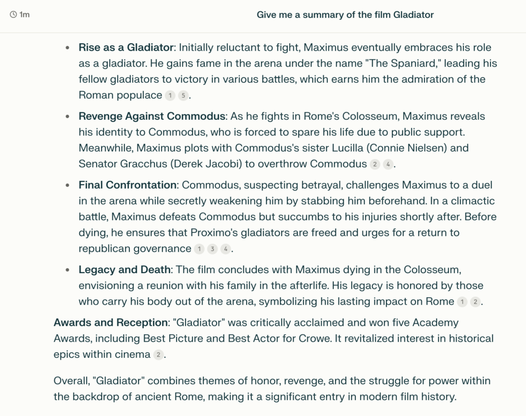 Part 2 of Perplexity.ai summary of the movie Gladiator. 